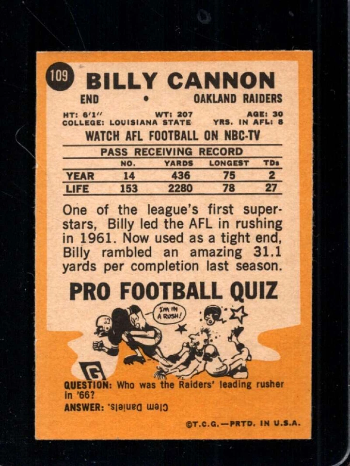 1967 TOPPS #109 BILLY CANNON EXMT RAIDERS *X50241 - Image 2 of 2