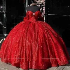 Quinceanera Dresses Luxury Red Sequined Off Shoulder Party Ball Gown Sweet 15 16