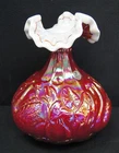 FENTON Art Glass Ruby Red Iridescent Carnival Glass Swan Vase 8.5"