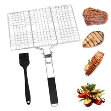 BBQ Fish Grill Basket with Basting Brush 20.5"x13.5" Lockable 1" Depth