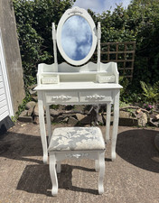 White Dressing Table with Oval Mirror, Floral Stool, 4 Drawers, 1 Shelf