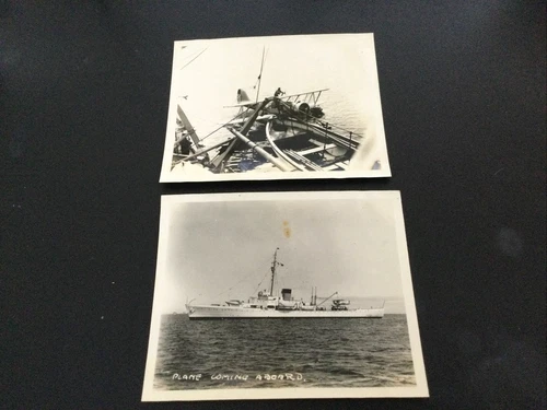 Pair WW2 era Photos (5" x 4") of USCG Cutter with biplane being loaded onboard