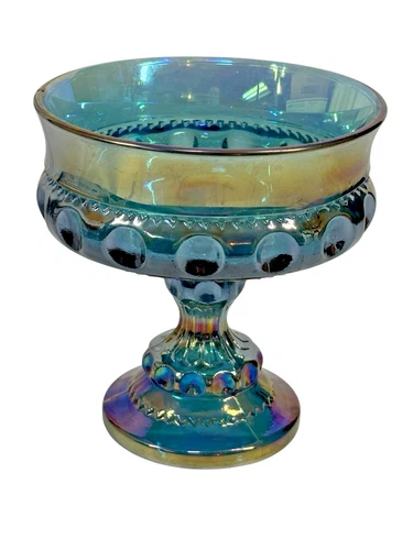 Vintage Indiana Carnival Glass Kings Crown Thumbprint Iridescent Compote Bowl 5"
