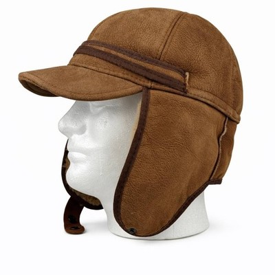 Vintage Aviator Trapper Hat Cognac Leather Shearling Winter Pilot Cap Unisex