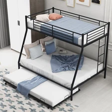 Twin Over Full Bunk Bed with Trundle, Metal Bunk Bed Frame with 2 Ladders and
