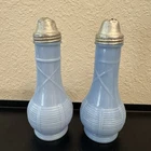 VTG Blue Delphite Milk Glass Salt and Pepper Shakers w/ Metal Lids, 6" tall