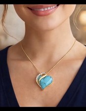 Genuine Turquoise Heart Necklace Pendant, 14K Gold Plated 
