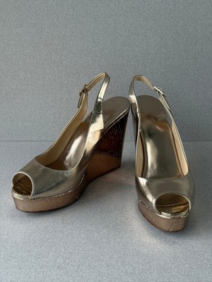Jimmy Choo Prova Gold Mirrored Patent Wedge Slingbacks EU39 AU8