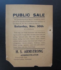 Ad Broadside Advertisement Public Sale Mary J. Armstrong Hilliards Ohio Latham