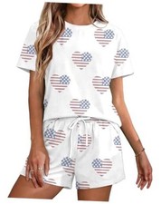 4th of July 2 Piece Outfits Women American Flag Sets 250 X-Large Heart White