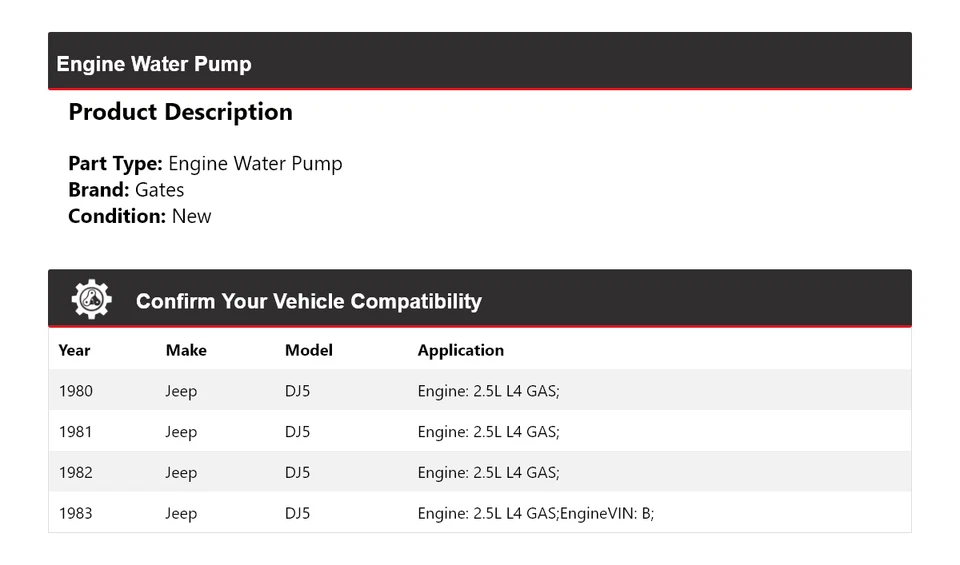 Para Jeep DJ5 1980-1983 2,5 L L L4 Motor Gas Bomba Agua Puertas 1981 1982 Foto 2 de 4