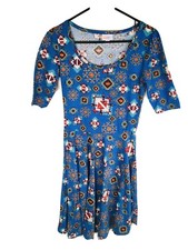 LulaRoe Dress Size Small Blue Bright Geometric Simply Comfortable Half Sleeve