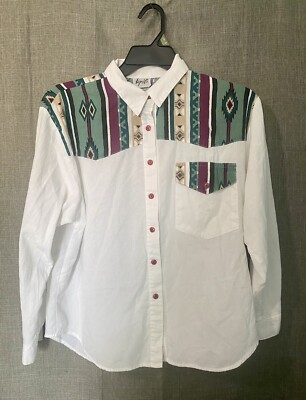 Vtg 80s Womens Aztec Southwestern Shirt Sz Med White Navajo Long Sleeve Cotton