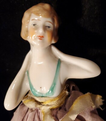 Vintage 3 inch German Porcelain Half Doll Art Deco Wire Dress Frame Pin Cushion