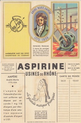 Sheet (12 cm x 9 cm) ASPIRINE factories du rhône andré marie AMPERE physicist French