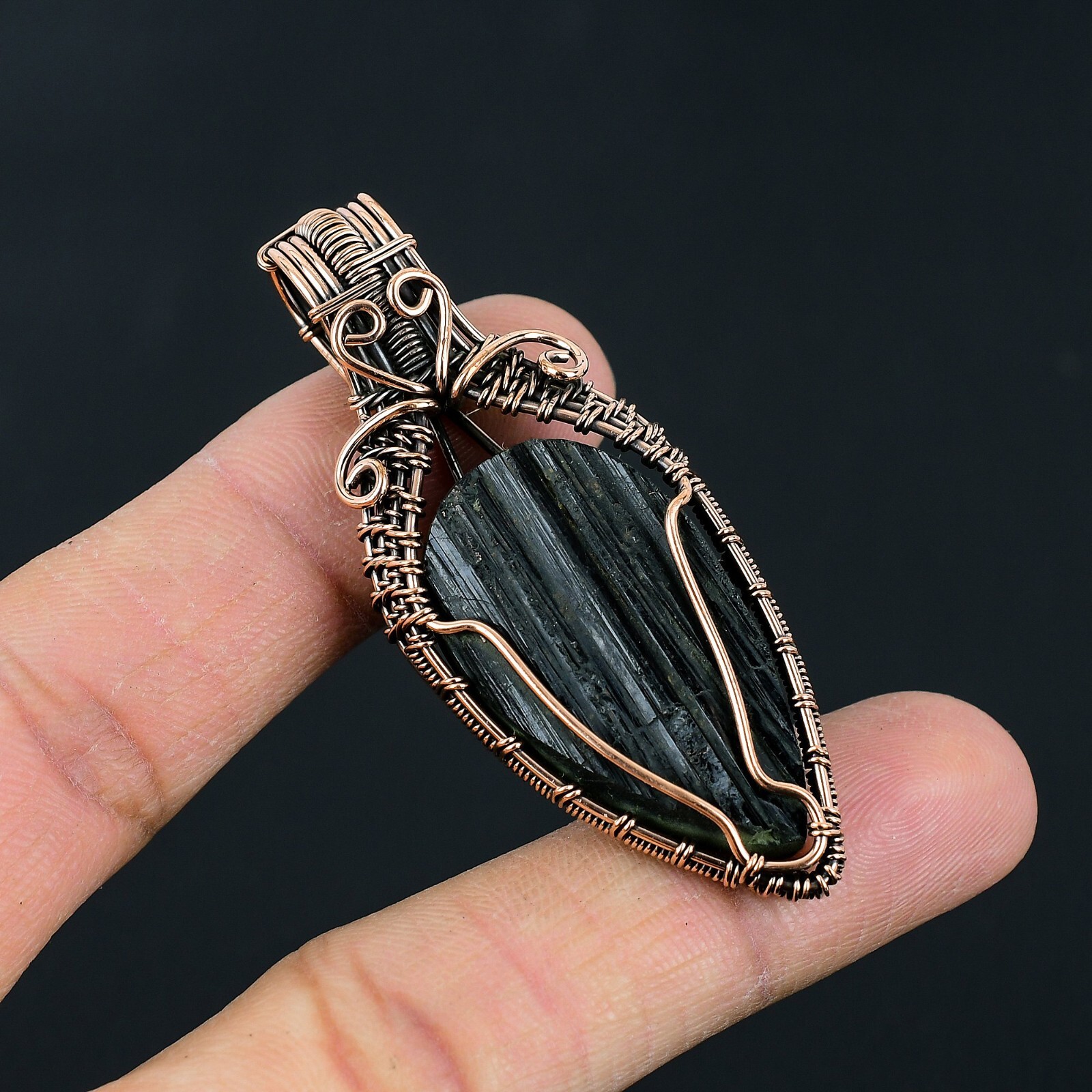 Black Tourmaline Copper Wire Wrapped Pendant Necklace Gift LC-220