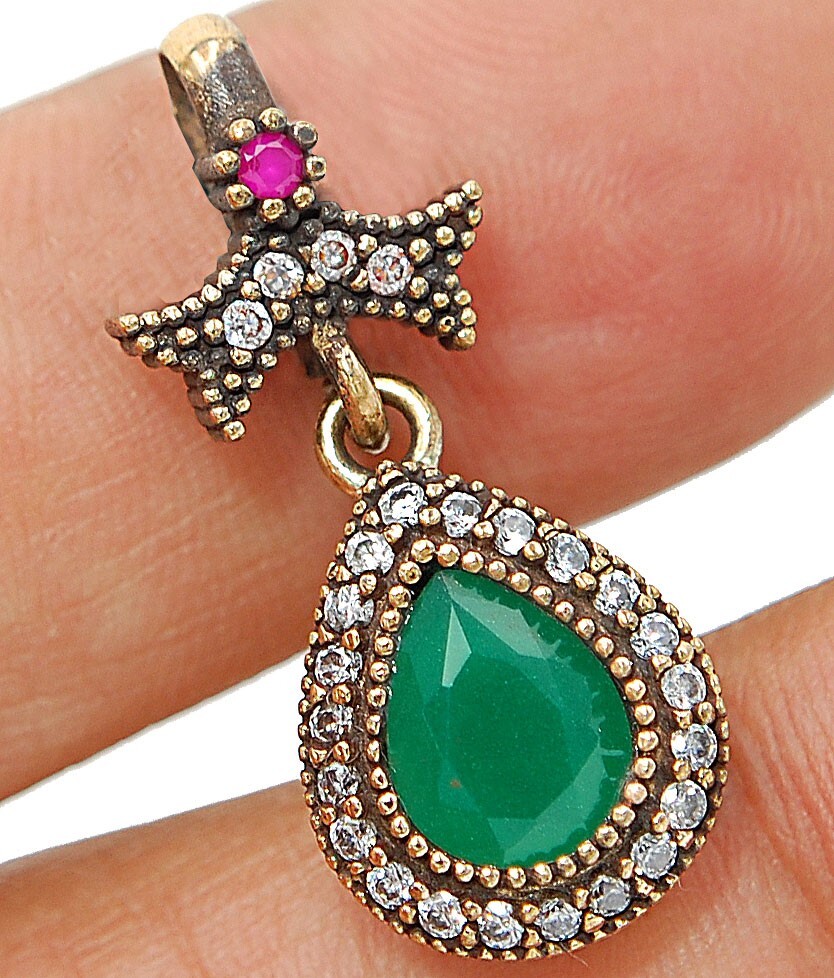 3CT Treated Emerald 925 Sterling Silver Ottoman Empire Style Pendant TC5
