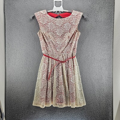 Maggy London Dress Size 8 Lace Overlay Cut out Back Lined Red w Belt Cream  | eBay