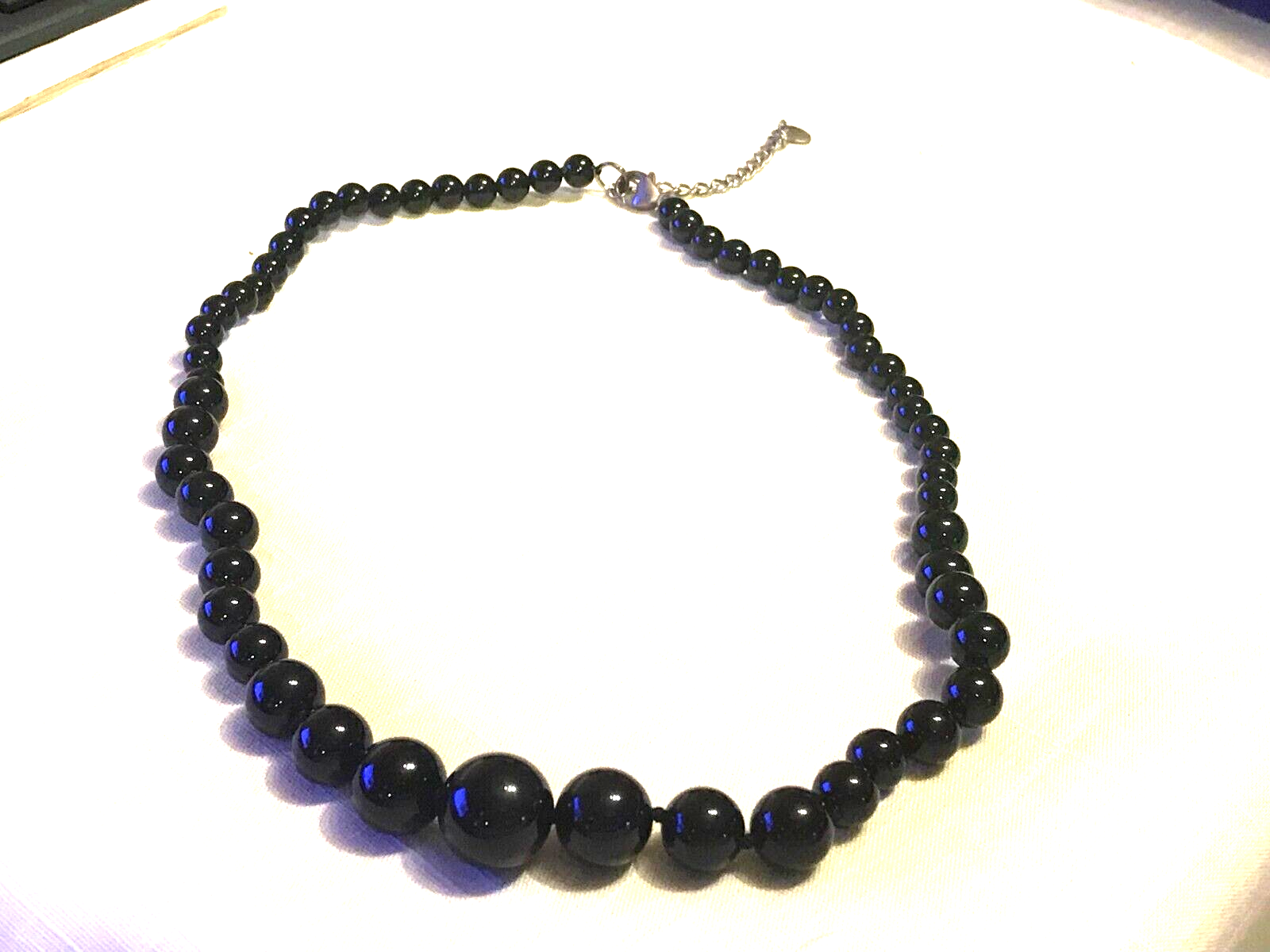 Jet Black Glass Bead Necklace on 925 Sterling Chain 19