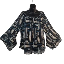 AB Studio Women's Keyhole Neck Asymmetric Sleeve Top Blouse Size M