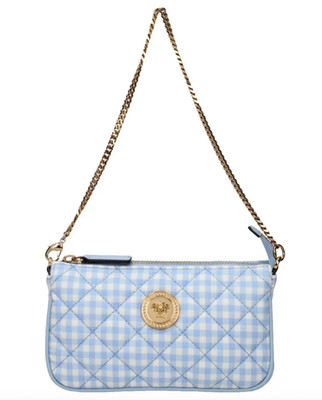 NWT Versace La Medusa Blue Gingham Quilted Logo Medallion Pochette Shoulder Bag