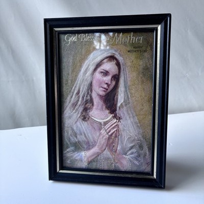 Vintage MCM Framed Catholic Mothers Day Art Print Rosary Holy Mother 1970 5X7