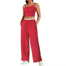 ATHLECHIC Women's Summer 2 Pieces Outfits Tracksuit Crop Camisole and Wide Leg