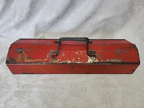 Vintage Two Handle Metal Toolbox 19x5.5x3.5 Industrial Tool Box Sturdy