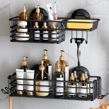 Shower Caddy Suction Cup, 2 Pack Shower Shelves for inside Shower with Hooks & S