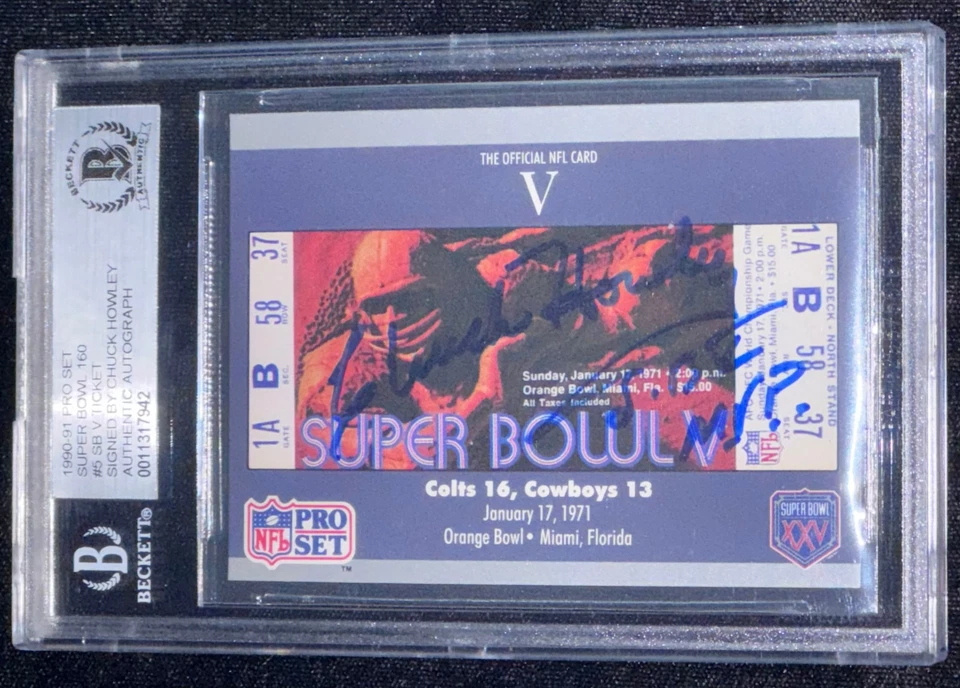 Chuck Howley "SB 5 MVP" 1990 Pro Set Super Bowl V Ticket Signed Card Auto RC BAS - Image 4 of 4