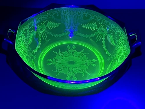 Vtg Depression URANIUM Glass Serving Bowl-Etched Floral W/Silver Trim & Handles!