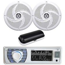 Pyle Single DIN Marine Stereo Receiver, 2x 4" 100W White Boat Speakers, Cover