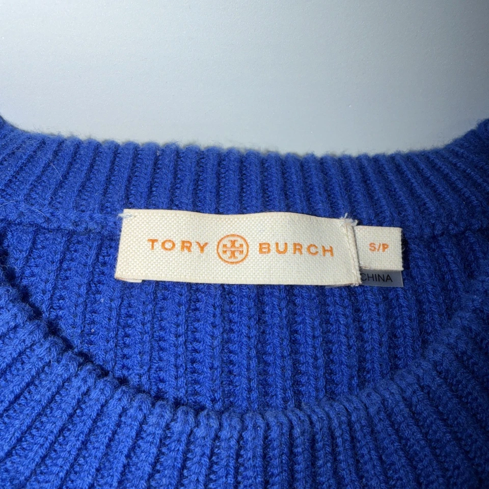 Suéter para mujer Tory Burch talla pequeña azul tejido manga larga mezcla de lana Foto 3 de 4