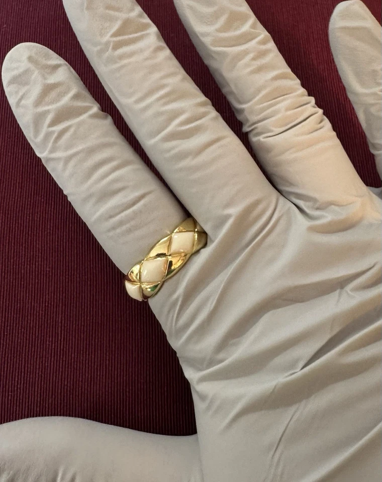 Cushion Cut Channel 14K Gold Dipped Enameled Ivory, Adjustable Ring - Image 3 of 4