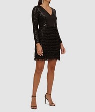 Aidan by Adrianna Papell Women Black Sequins Fringed Sheath V-Neck Dress Size 12