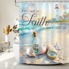 Beach Ocean Shower Curtain, Bible Verse Quotes Inspirational Bath Curtains, N...