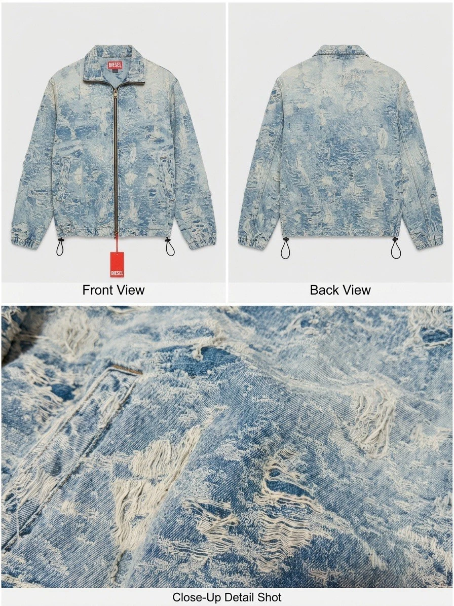 Diesel Men's L Distressed Blue Denim Cotton Full Zip Short Jacket Point Collar image 3