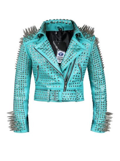 Women's Custom Leather Jacket with Metal Studs and Waist Belt