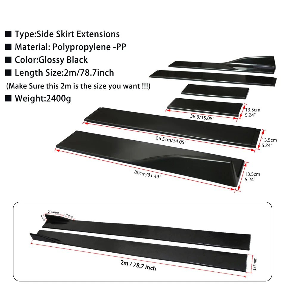 78.7"Gloss Black Rocker Panel Side Skirts Lip Extensions For Ford Crown Victoria - Image 4 of 4