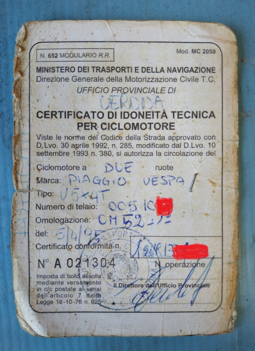 Omologazione Numero Telaio Vespa V5a1t Scheda Tecnica Vespa 50
