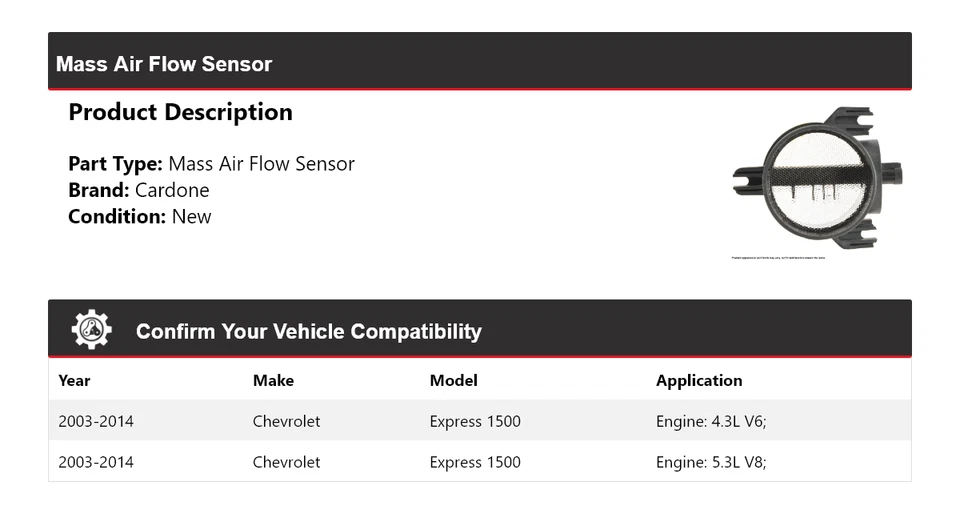 Sensor de fluxo de ar em massa Cardone 2004 2005 2006 Chevrolet Express 1500 2003-2014 - Imagem 2 de 4