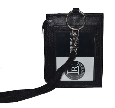 Handmade Genuine Leather ID Badge Holder With Zip Bifold Pocket And Neck Lanyard – Unisex Men Women