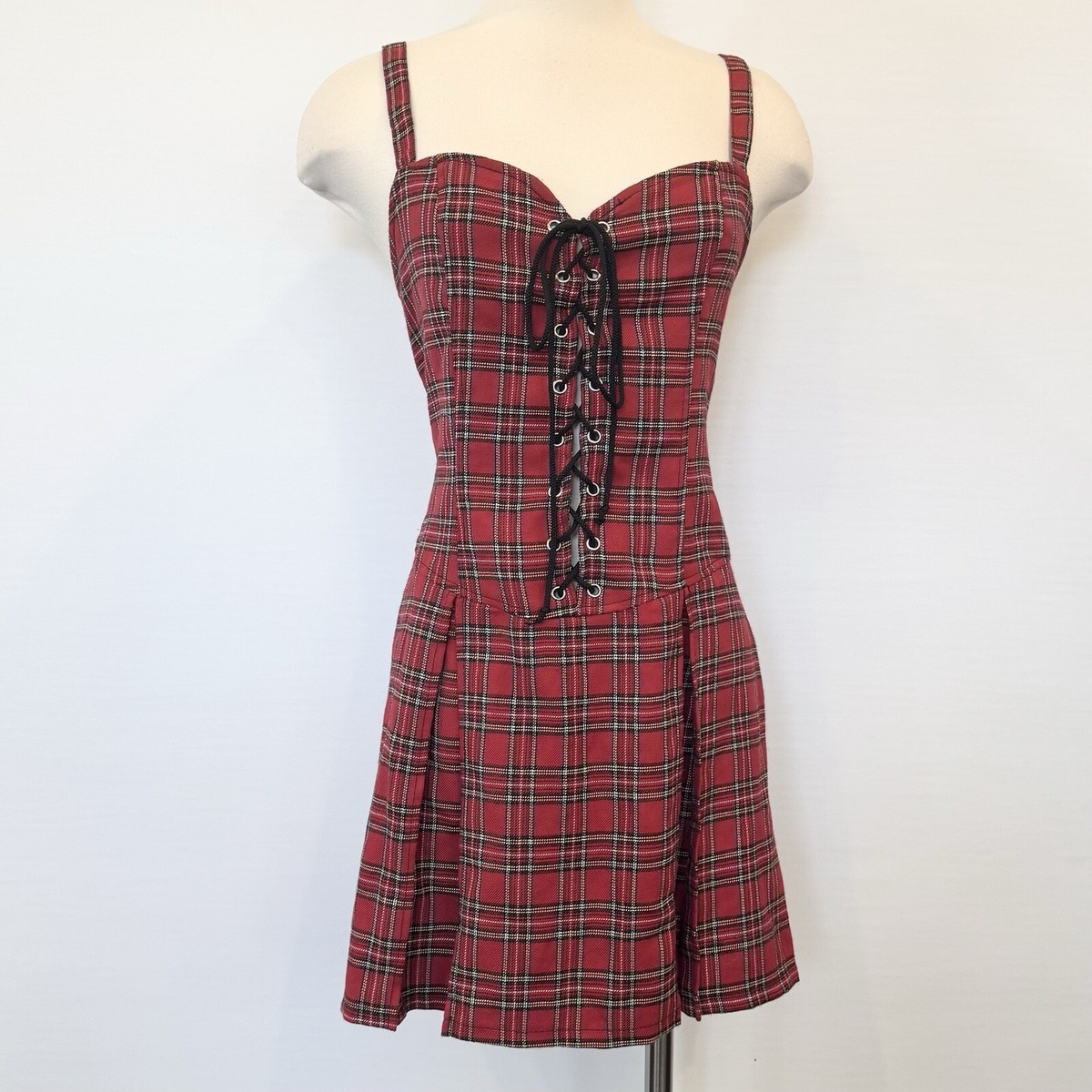 Vintage Lip Service Red Black Plaid Lace Up Corset Mini Dress L | eBay