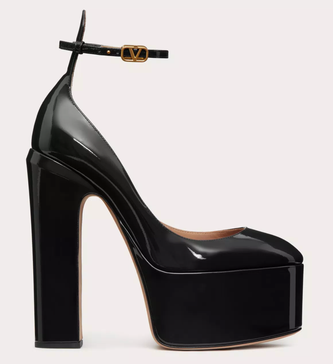 Valentino Rockstud Tan-go Black Patent Leather V Strap Platform