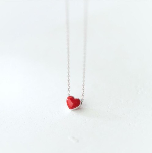 Silver Tiny Red Heart Pendant White 