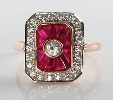 LARGE 9K 9CT ROSE GOLD RUBY & DIAMOND CLUSTER ART DECO INS RING FREE RESIZE