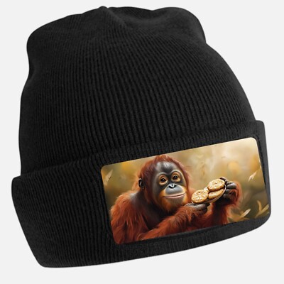 Unisex Cotton Orangutan Biscuit Print Black Beanie Hat