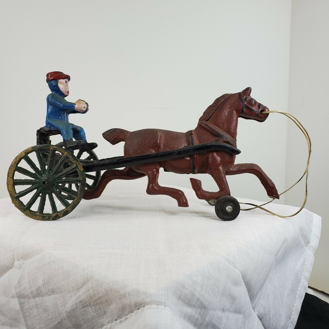 Cast Iron Toy Horse Surrey & Driver Race Painted 9.75 in long 5.25 in t