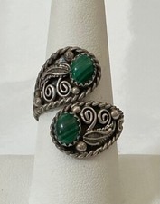 VTG Sterling Silver Signed ByPass Ring w/Bezel-Set Malachite Stones