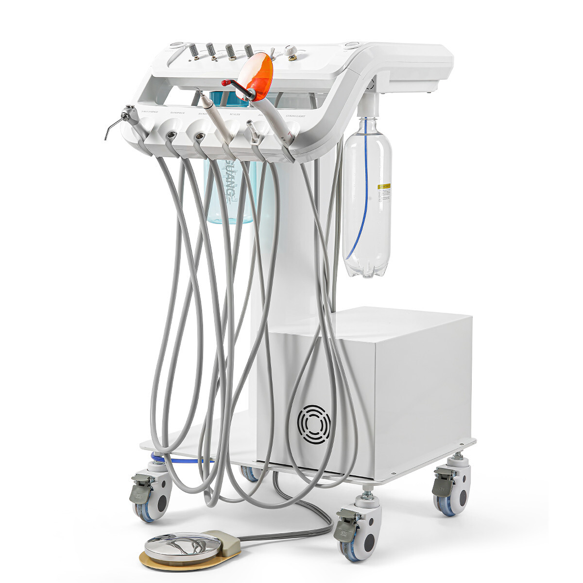 Portable Dental Delivery Unit Rolling Cart Syringe Suction Air Compressor 4Holes